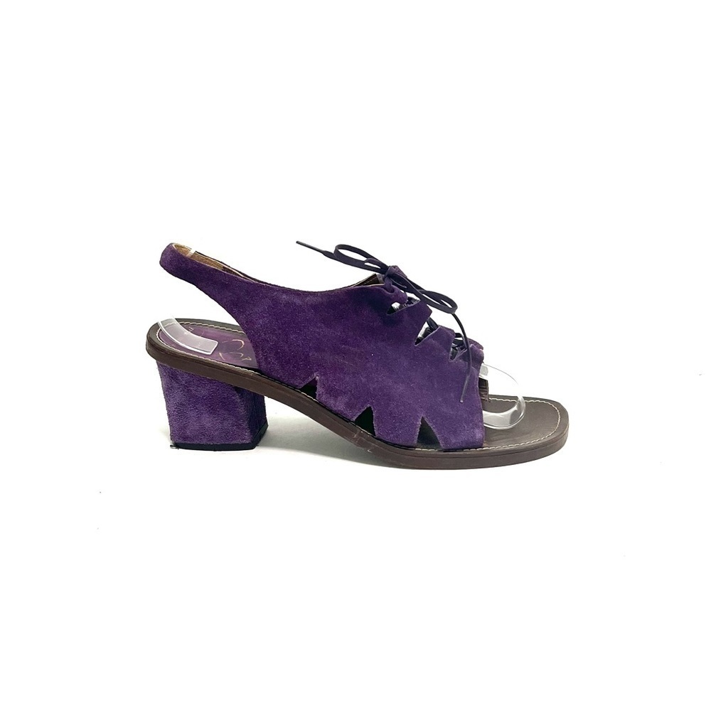 Vintage 1970s purple suede cutout lace up open toe slingback heels